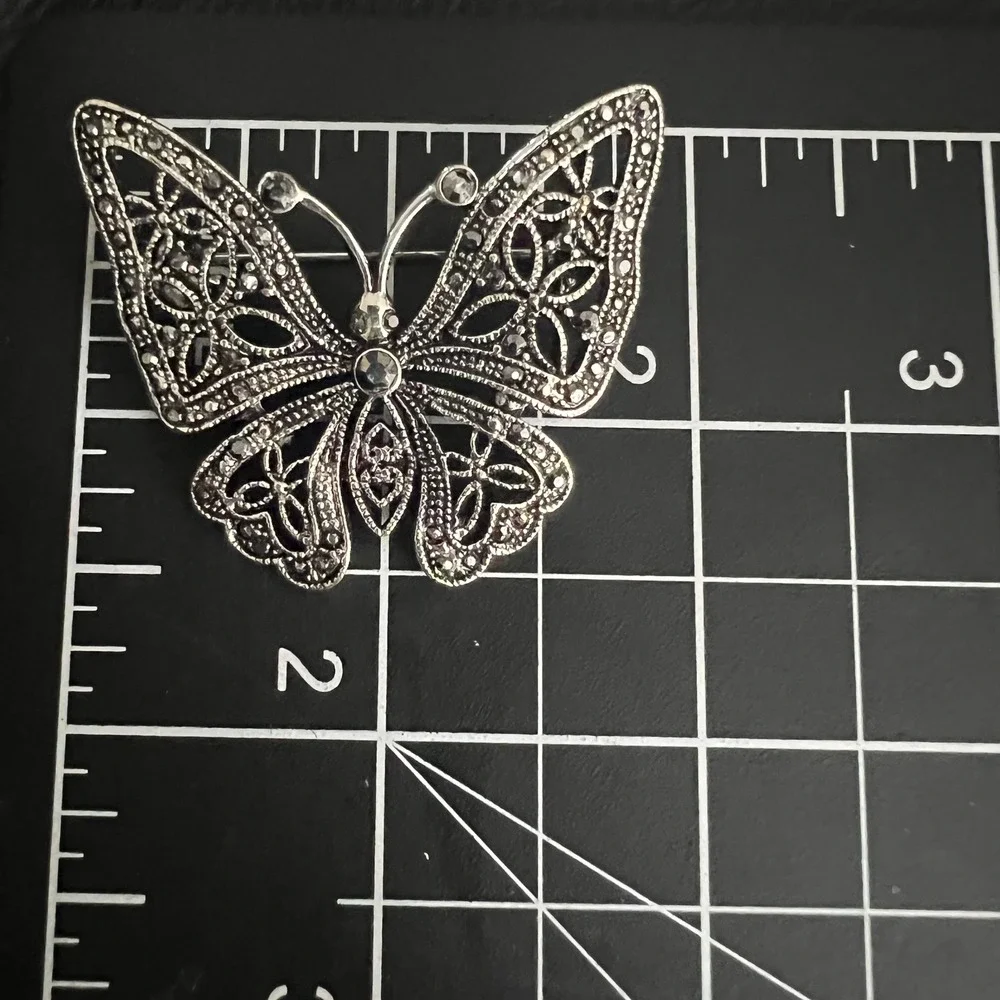 Vintage Silver Tone Marcasite Butterfly Brooch Pin 2 Inch Cottagecore